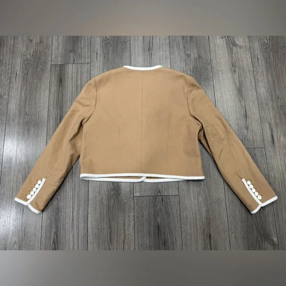 Veronica Beard Beale Contrast Detail Cotton Blend Tweed Jacket in Khaki Size 14 - Picture 14 of 14